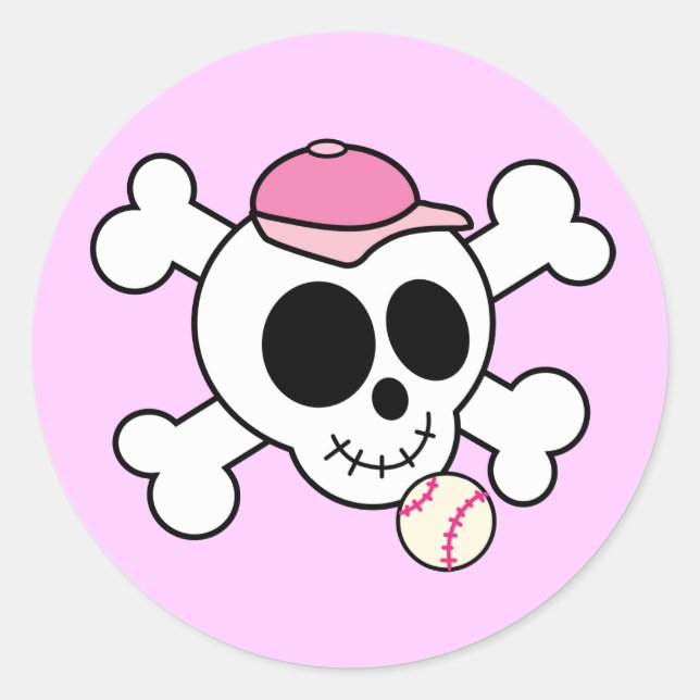 Sticker Rond Crâne de baseball rose mignon et os croisés (Devant)