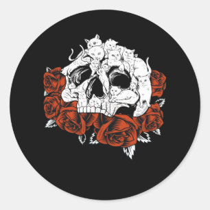 Sticker Rond Crâne de chat Roses Squelette Kitten