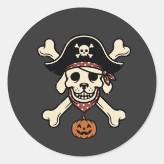 Sticker Rond Crâne de chien pirate vintage Halloween os croisés