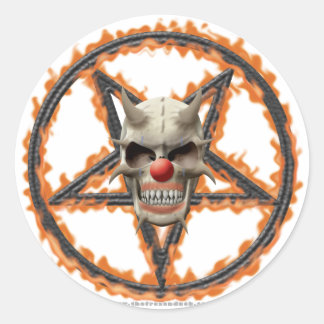Sticker Rond Crâne de clown démon et pentagramme brûlant