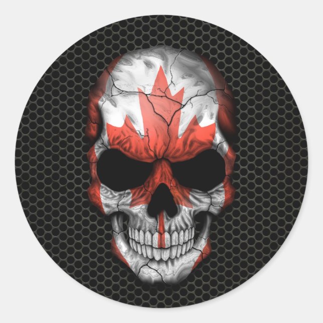 Sticker Rond Crâne de drapeau canadien sur maille d'acier (Devant)