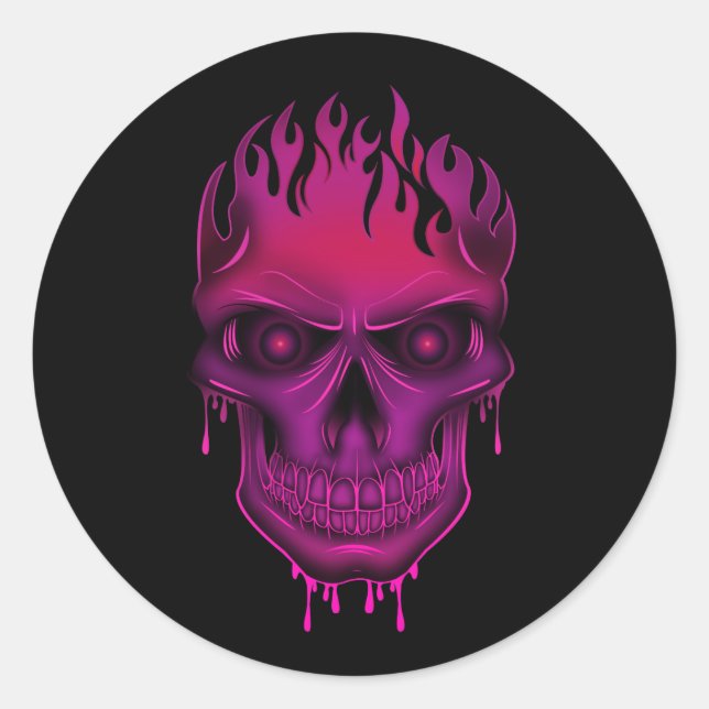 Sticker Rond Crâne de flamme - rose chaud (Devant)