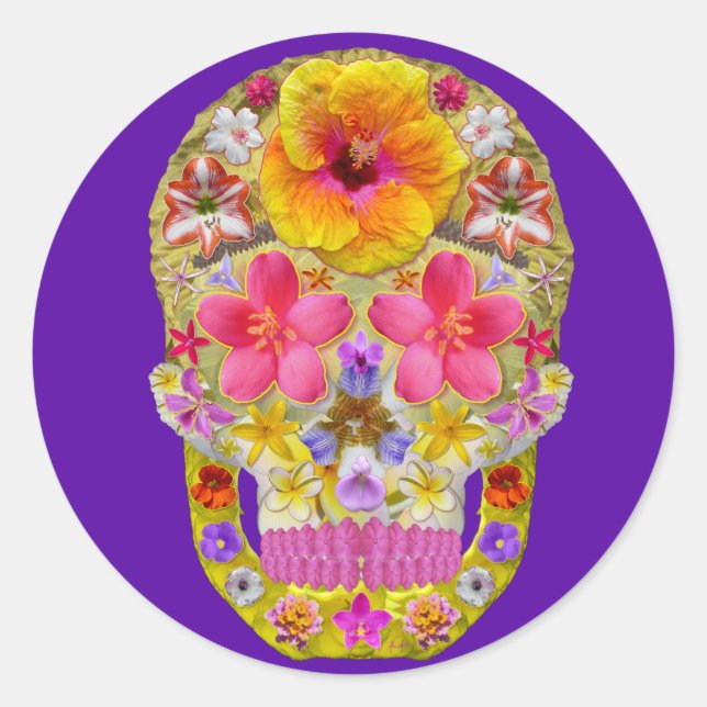 Sticker Rond Crâne de fleurs 4 - Tropical (Devant)