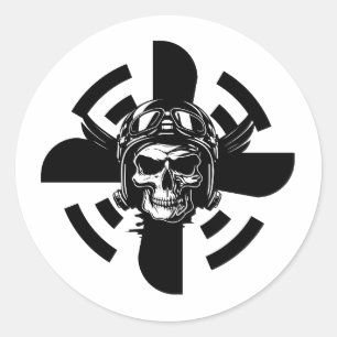 Sticker Rond Crâne de pilote et hélice d'avion, Minimaliste, No