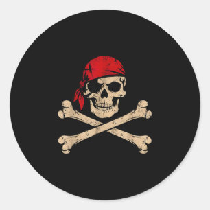 Sticker Rond Crâne de pirate avec squelette de bandana rouge ha