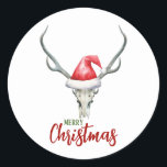 Sticker Rond Crâne de rennes rustiques et Père Noël Ha Christma<br><div class="desc">Amusants et festifs, ces autocollants sont la façon parfaite d'envoyer des salutations de joie de vacances ou de sceller des gâteries de vacances. Le design comprend un crâne de rennes avec un chapeau de Père Noël rouge et le texte "joyeux Noël" qui peut être changé pour s'adapter à vos besoins...</div>