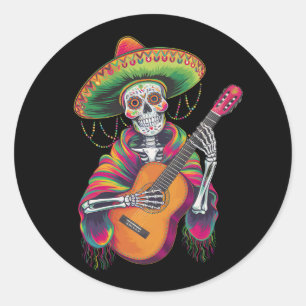 Sticker Rond Crâne de squelette de la fête Cinco De Mayo Guitar