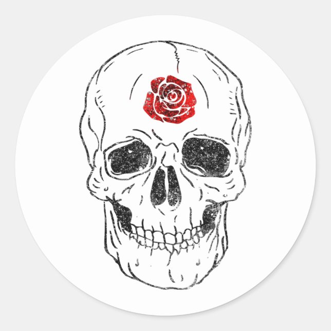 Sticker Rond Crâne de squelette os noirs et roses rouges paille (Devant)