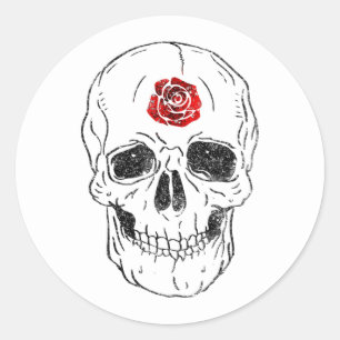Sticker Rond Crâne de squelette os roses noires et rouges paill