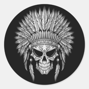 Sticker Rond Crâne de sucre autochtone foncé avec coiffure