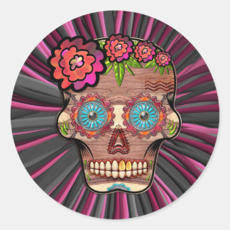 Sticker Rond Crâne de sucre en bois sculpté avec couronne fleur