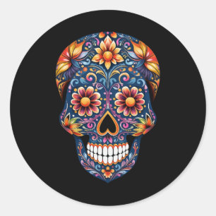 Sticker Rond Crâne de sucre floral Halloween