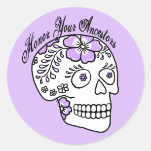 Sticker Rond Crâne de sucre floral violet Honorez vos ancêtres