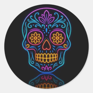 Sticker Rond Crâne de sucre néon noir/bienvenue jour des morts