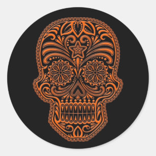Sticker Rond Crâne de sucre orange complexe sur noir