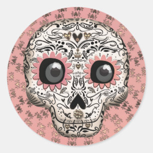 Sticker Rond Crâne de sucre rose et or, fête fantaisiste mignon
