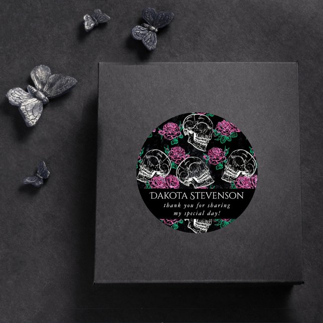 Sticker Rond Crâne de Sucre Roses Roses | Merci Glamour Gothiqu (Créateur téléchargé)