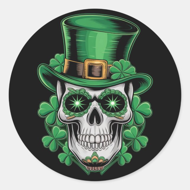 Sticker Rond Crâne de Sucre St Patrick Jour Chanceux Trèfle  (Devant)