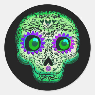 Sticker Rond Crâne de sucre vert et violet Fête d'Halloween noi