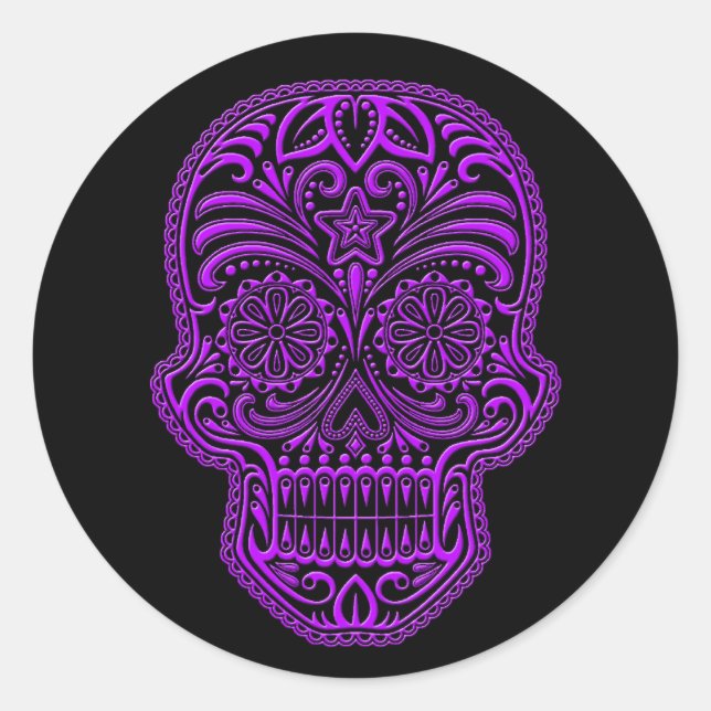 Sticker Rond Crâne de sucre violet complexe sur noir (Devant)