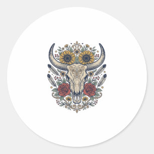 Sticker Rond Crâne de taureau floral vintage western