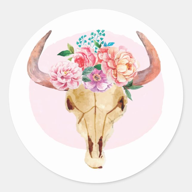 Sticker Rond Crâne de vache bohème rustique aquarelle florale r (Devant)