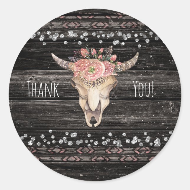 Sticker Rond Crâne de vache floral rustique Boho Chic Cadeau de (Devant)