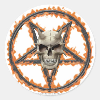 Sticker Rond Crâne démon et pentagramme brûlant