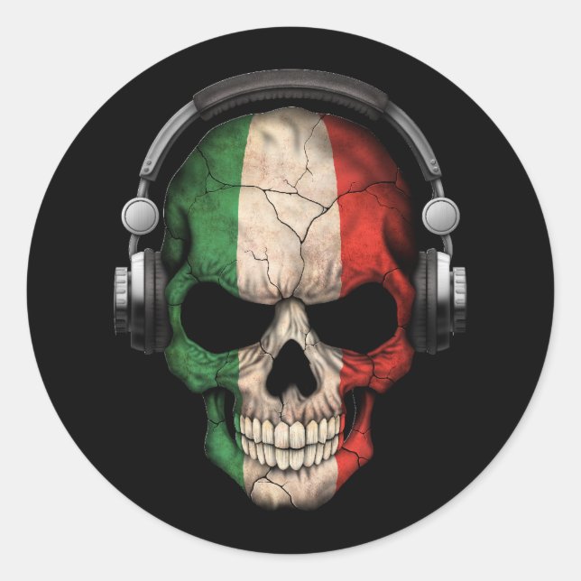 Sticker Rond Crâne Dj italien personnalisable avec casque (Devant)