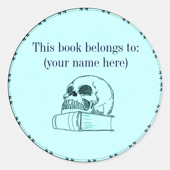 Sticker Rond Crâne et livre, bleu clair (Devant)