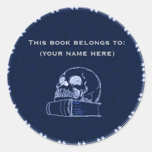 Sticker Rond Crâne et livre, bleu foncé