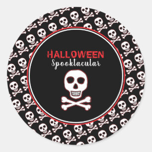 Sticker Rond Crâne et os, fête d'Halloween rouge