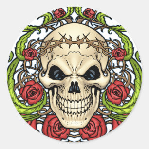 Sticker Rond Crâne et roses avec la couronne des épines par A