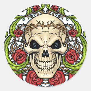 Sticker Rond Crâne et roses avec la couronne des épines par A