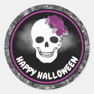 Sticker Rond Crâne floral blanc et Halloween paillettes noires