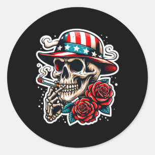 Sticker Rond Crâne fumant cigarette rose drapeau Usa squelette