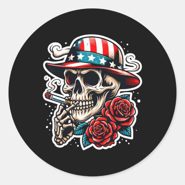 Sticker Rond Crâne fumant cigarette rose drapeau Usa squelette  (Devant)