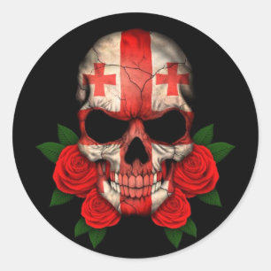 Sticker Rond Crâne géorgien de drapeau avec les roses rouges