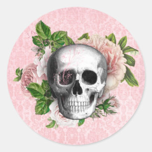 Sticker Rond Crâne gothique avec Rose   Halloween rose