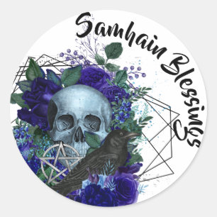 Sticker Rond Crâne gothique et corbeau Purple Samhain Bénédicti