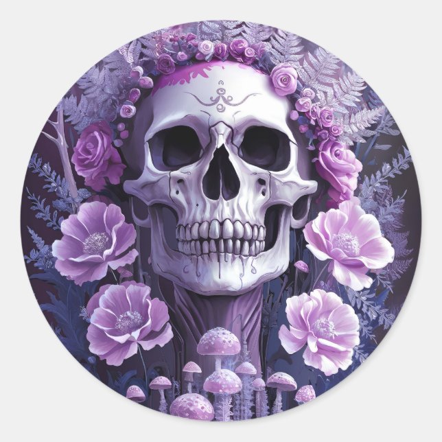 Sticker Rond Crâne gothique Lilac Garden, Imaginaire pourpre (Devant)