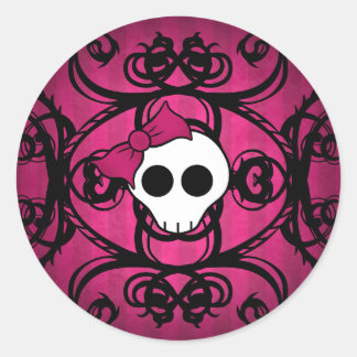 Sticker Rond Crâne gothique mignon sur fuschia et noir