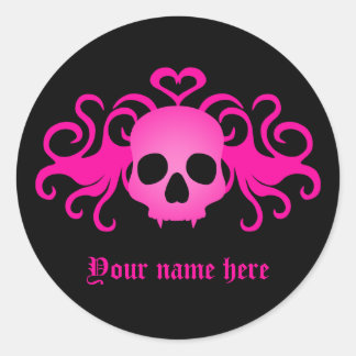 Sticker Rond Crâne gothique rose sur noir