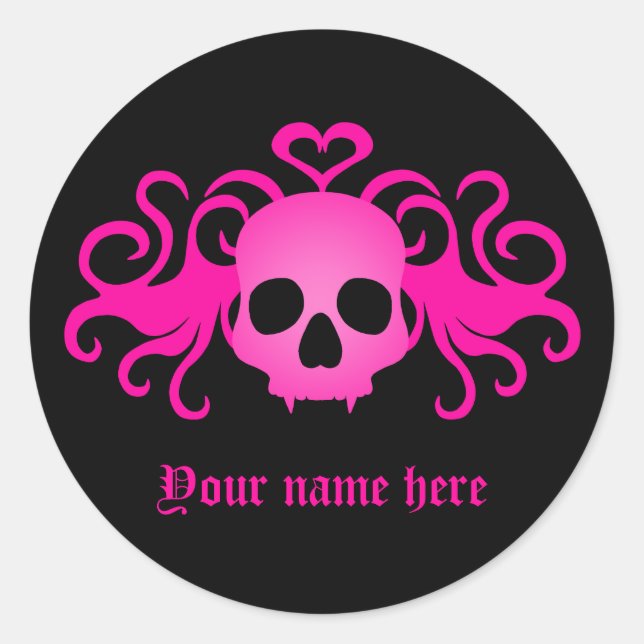 Sticker Rond Crâne gothique rose sur noir (Devant)
