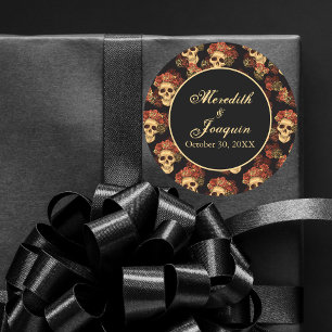 Sticker Rond Crâne gothique Rouge Rose Noir Halloween Mariage