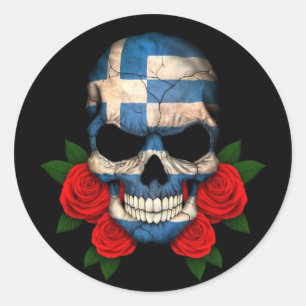 Sticker Rond Crâne grec de drapeau avec les roses rouges