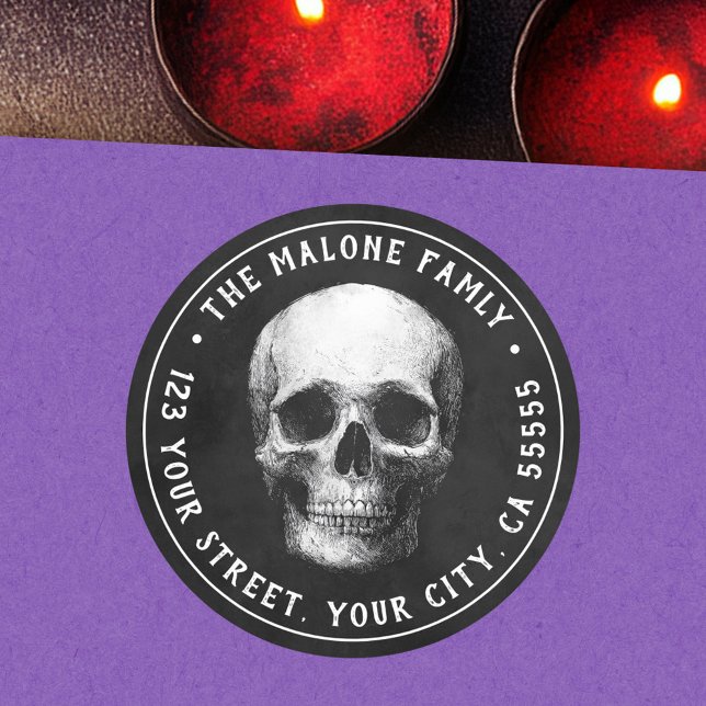 Sticker Rond Crâne Halloween adresse de retour noir (Skull Halloween black return address Classic Round Sticker)