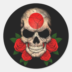 Sticker Rond Crâne japonais de drapeau avec les roses rouges