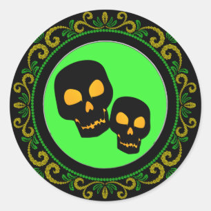Sticker Rond Crâne jaune vert noir Halloween