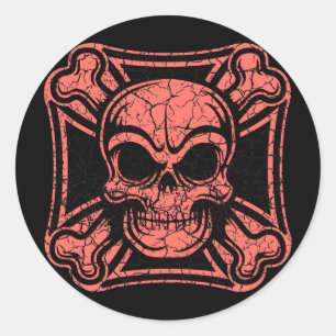 Sticker Rond Crâne maltais et os croisés - rouge